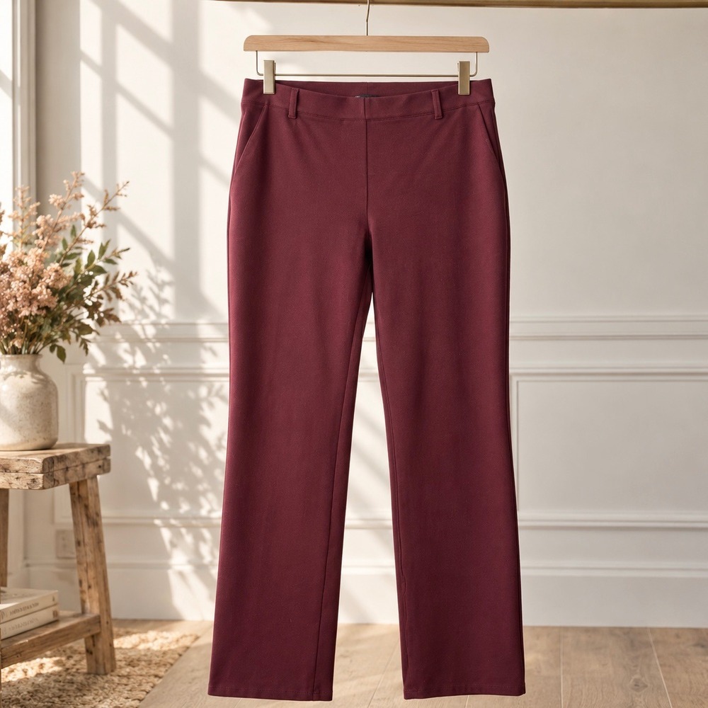 Quince Ultra-Stretch Ponte Straight Leg Pants L Burgundy Pull On Workwear